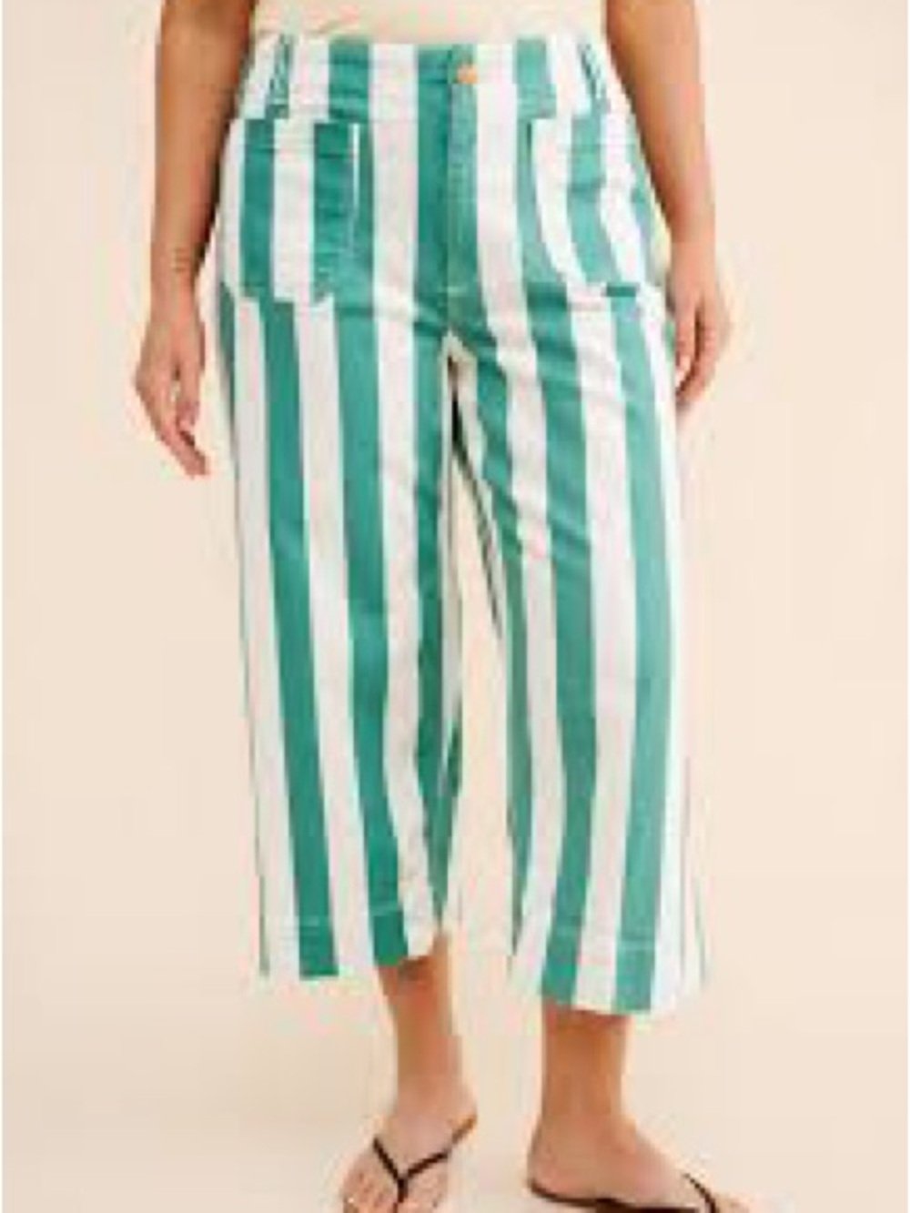 Anthropologie Green and White Striped Cropped Wide-Leg Pants